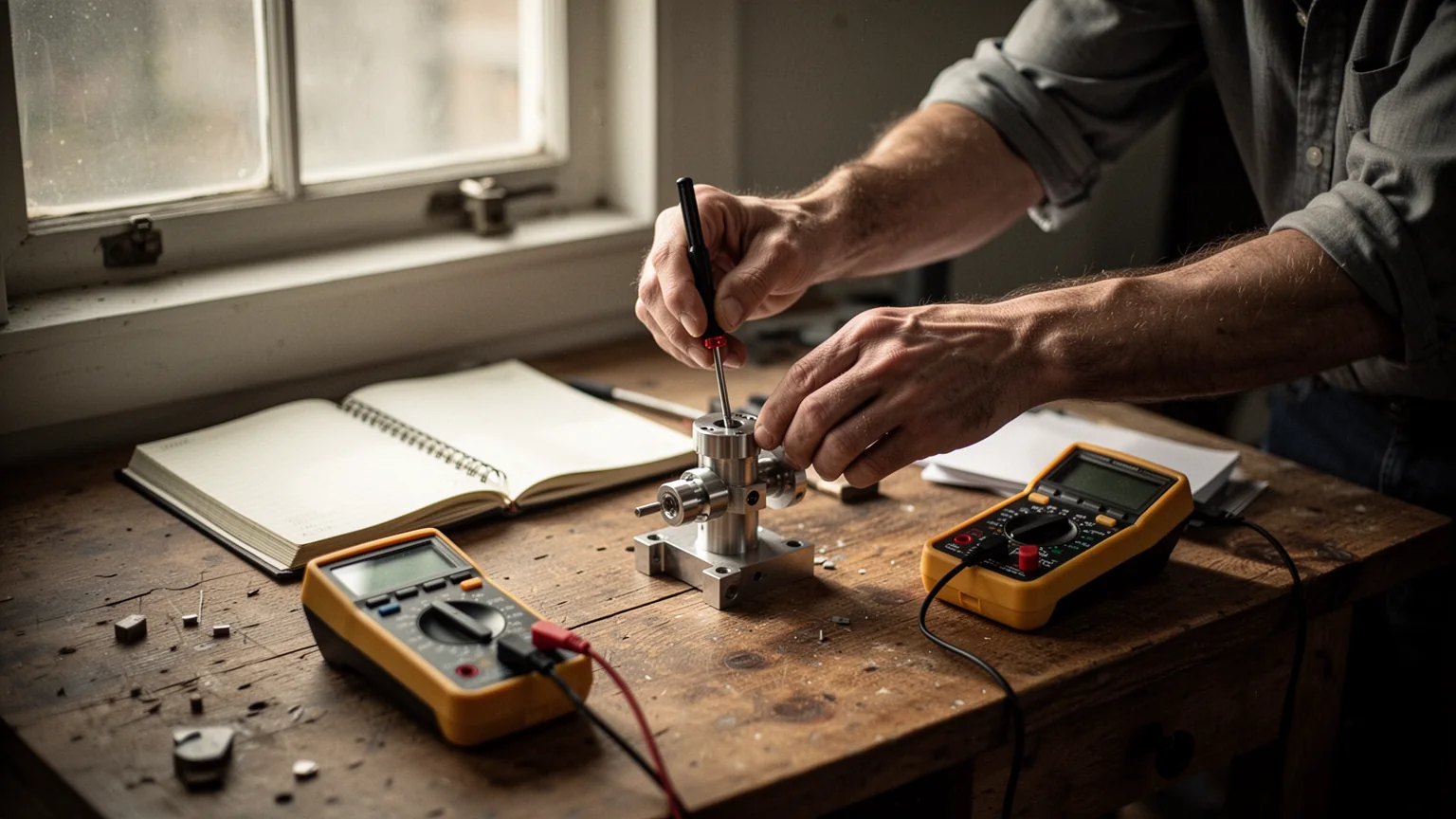 Hands adjusting a machined part at a workbench, warm morning light
